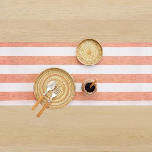 Orange & White Linen Table Runner 14 x 108 Inches - Handcrafted Stripe