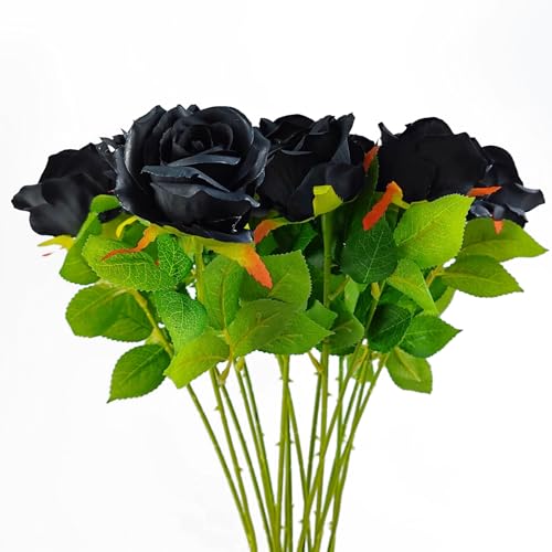 Artificial Black Rose Flowers - 13 Pack, 21 Inch Long Stem Silk Roses for Wedding, Halloween, Party & Home Decor