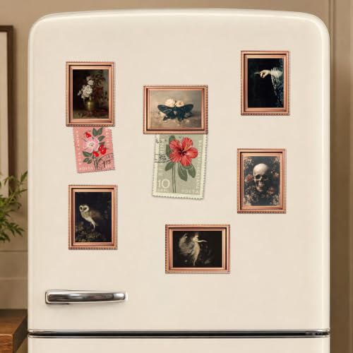 Gothic Halloween Fridge Magnets Set - Dark Skeleton Skull Flowers Moth Owl Vintage Art