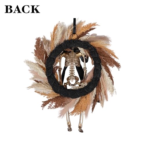Halloween Wreath for Front Door 24 Inch with Skeleton, Faux Wheat & Pampas Grass, Black Bow - Indoor Outdoor Decor