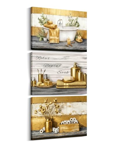 Farmhouse Bathroom Wall Art Set - 3 Piece Gold Canvas Prints 11x14 Ready to Hang