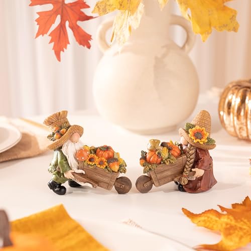Autumn Gnome Decorations Set - 2 Pcs Fall Resin Figurines for Indoor Outdoor Display - Medium