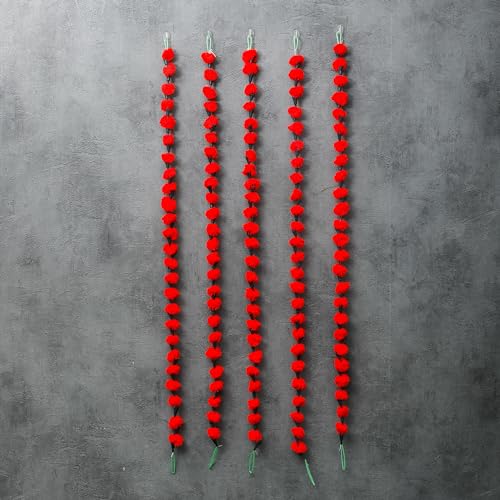 Red Woolen Marigold Garland - Artificial Flower Decor for Indian Weddings & Festivals - Pack of 5