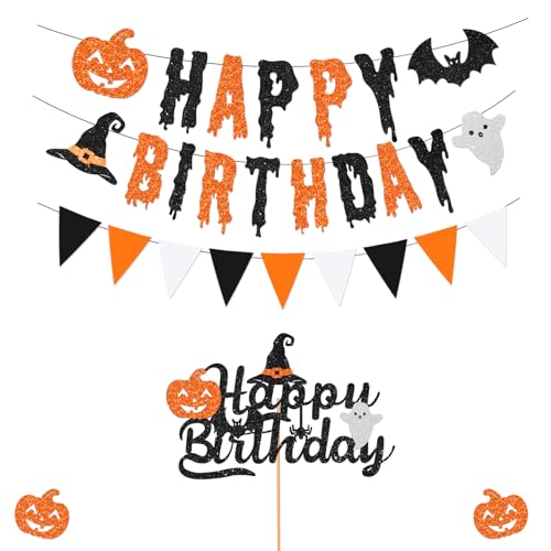 Halloween Birthday Banner with Pumpkin Ghost & Bat Glitter Decorations