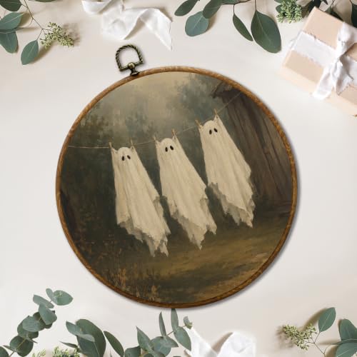 Moody Halloween Ghost Wall Art - Round 10x10in Wall Decor with Little Devil Variation