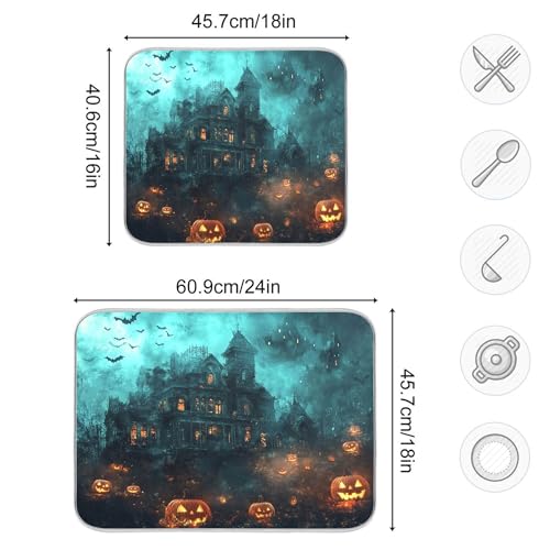 Halloween Castle Dish Drying Mat for Kitchen Countertop 16x18 - Witch Castle Variation