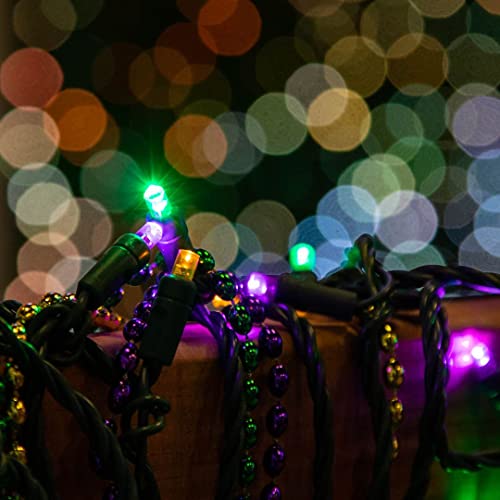 LED Mardi Gras String Lights 50ft - Yellow, Purple & Green - Waterproof Indoor Outdoor Decor