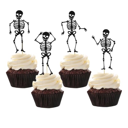 24Pcs Halloween Skull Cupcake Toppers - Spooky Party Decorations - Black
