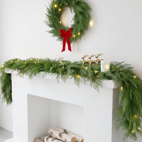 Artificial Norfolk Pine Garland with Warm LED Lights, 6 Pack Indoor Outdoor Decor
