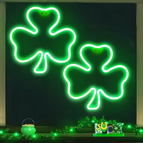 Shamrock Neon Lights - 2 Pack 11 Inch LED Clover Window Decor for St. Patrick's Day - USB Powered, Indoor Outdoor Wall Art (Variation: Shamrock)