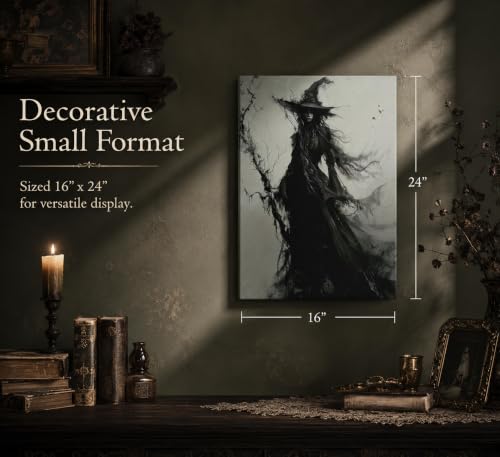 Witch Canvas Wall Art - Halloween Creepy Gothic Dark Decor, 16x12 Inches - Wrapped Canvas