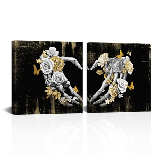 Small Gothic Skull Heart Wall Art Set - Black Gray Gold Framed Artwork for Gothic Decor