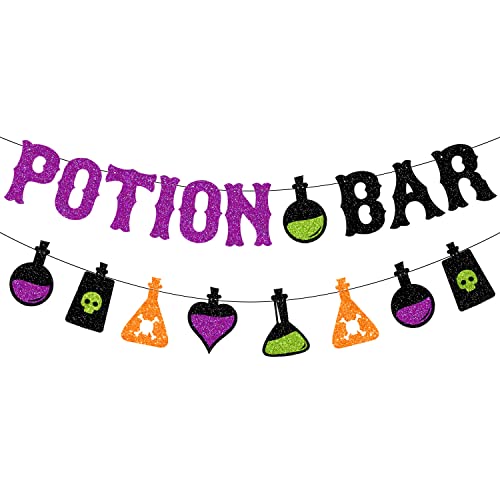 Halloween Potion Bar Banner with Potion Signs and Glitter Garland