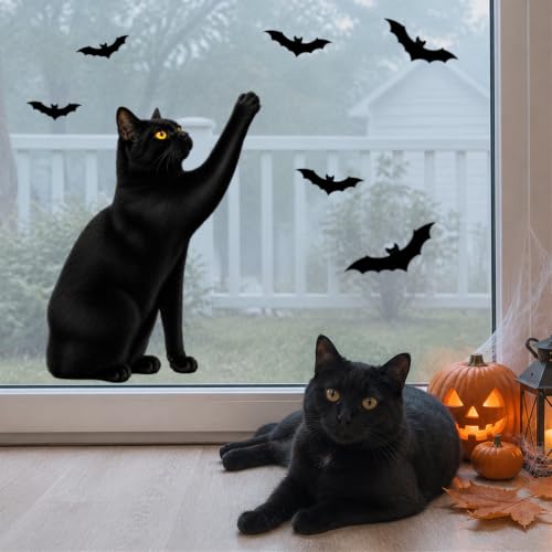 Funny Halloween Black Cat Window Clings - 6 Sheets, Static PVC Decor for Glass & Mirrors