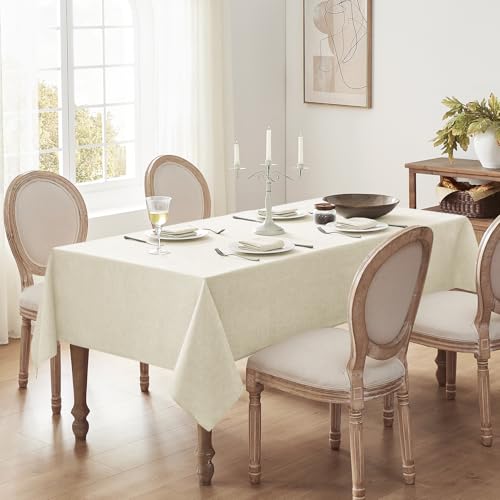 Cream Linen Textured Outdoor Rectangular Tablecloth 52 x 70 Inch - Stain & Wrinkle Resistant - Perfect for Spring, Summer & Parties