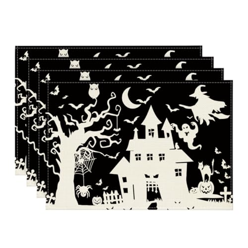 Halloween Haunted House Ghost Witch Placemats Set of 4 - 12x18 Inch Rectangular Black Seasonal Table Mats