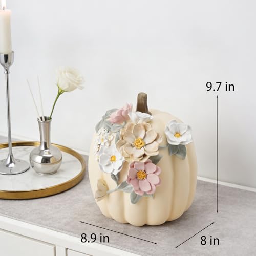 Creamy White Pumpkin Decor - 9-Inch Hand-Painted Resin Fall Halloween & Thanksgiving Decoration - Variation: Cream