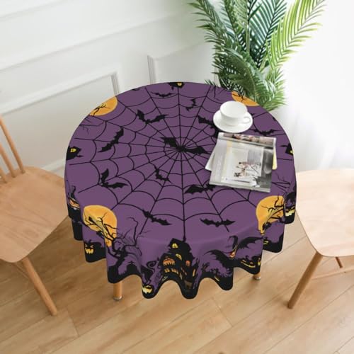 Giwawa Halloween Round Tablecloth 60 Inch - Spooky Pumpkin Cat Bat Web Design, Purple Variant