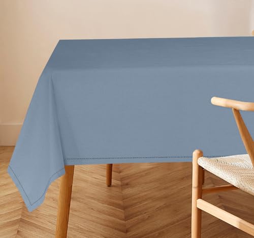 Cotton Linen Table Cloth 84x60 Inches - Grey, Hemstitched, Elegant Dining Accessory