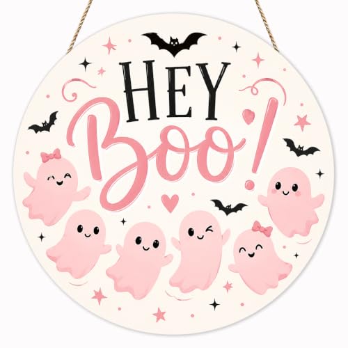 Pink Halloween Ghost Door Decor Wooden Sign - Hey Boo! 02
