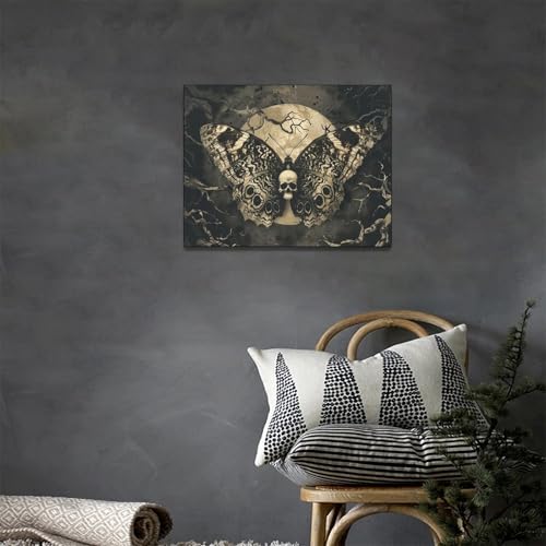 Gothic Skull Wall Art Canvas - Spooky Skeleton Butterfly Decor 16x12 Inch - Halloween Home Artwork