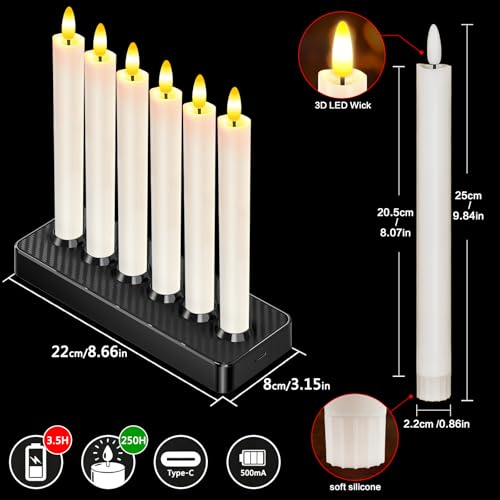Rechargeable Flameless Taper Candles with Charging Base - White Wave 6 Pack
