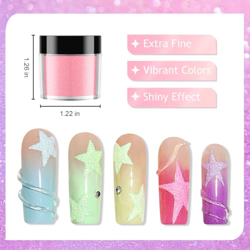 6 Colors Glow in The Dark Nail Powder Set with Glitter & Brush - Sugar Effect