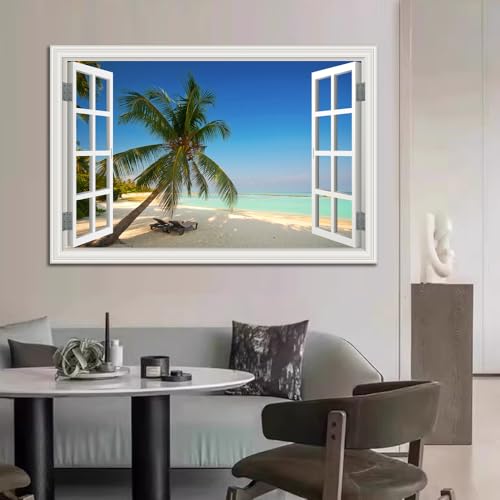 Large Tropical Beach Wall Art - 32x48 Inch Ocean Canvas Picture with Fake Window Frame Style, Coastal Seascape for Living Room & Bedroom - Blue Ocean Scene