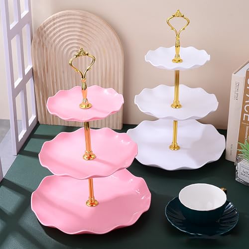 3-Tier Plastic Cupcake Stand Holder with Handle for Desserts, Fruits & Snacks - White+Pink