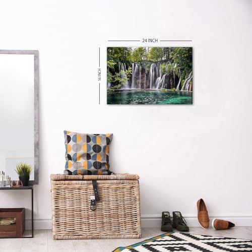Waterfall Canvas Wall Art - Green Forest Landscape, 16x24 Inches - Living Room Decor