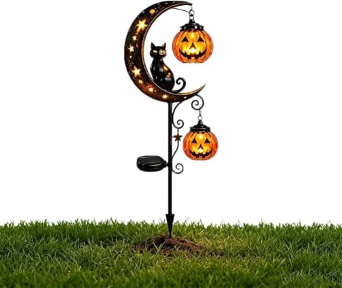 Solar Halloween Garden Stake Light with Black Cat & Pumpkin Moon - Style A