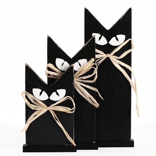 Halloween Rustic Wooden Black Cat Decorations Set - 3 Black Cats for Tabletop Shelf Mantel - Fall Party Decor