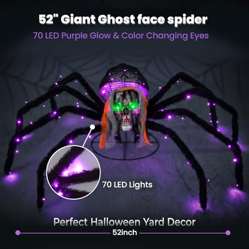52-Inch Floor-Standing Halloween Giant Skull Face Spider with Flashing Red & Green LED Eyes