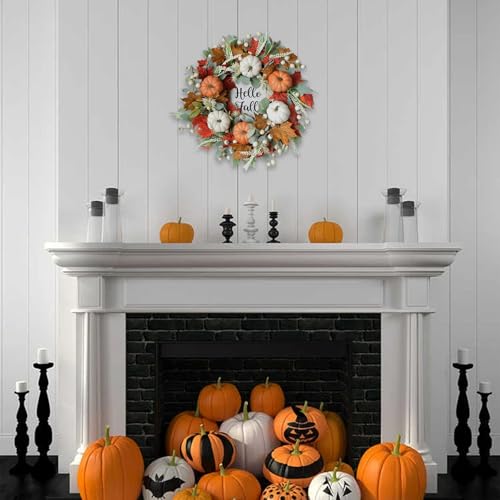 20-Inch Fall Wreath for Front Door - Autumn Maple Leaf Pumpkin Berry with Hello Fall Sign