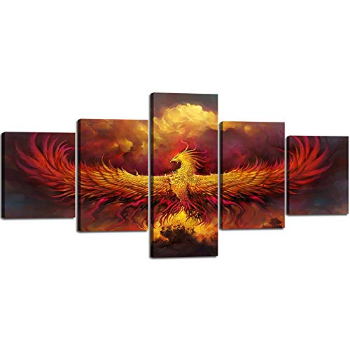 Fire Phoenix Wall Art Canvas - 50x24 Inch Stretched Ready to Hang - Heraldic Style Wall Decor - Variation of Artwork-01