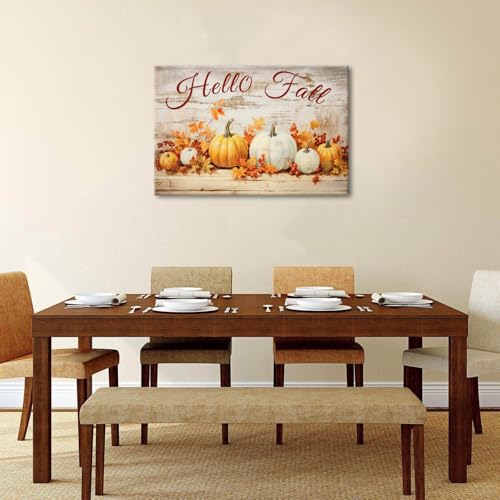 Hello Fall Rustic Pumpkin Wall Art - 36x24 Farmhouse Autumn Canvas Decor