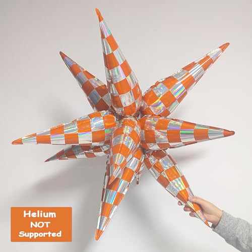 Orange Checkered Burst Star Foil Balloons - 32 Inch Party Decorations, Halloween & Fall Theme, 4 Pack