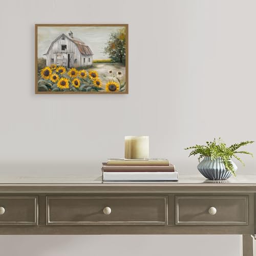 Barn Sunflower Wall Art Canvas - Rustic Farmhouse Decor, 16x12 Inch, Ready to Hang