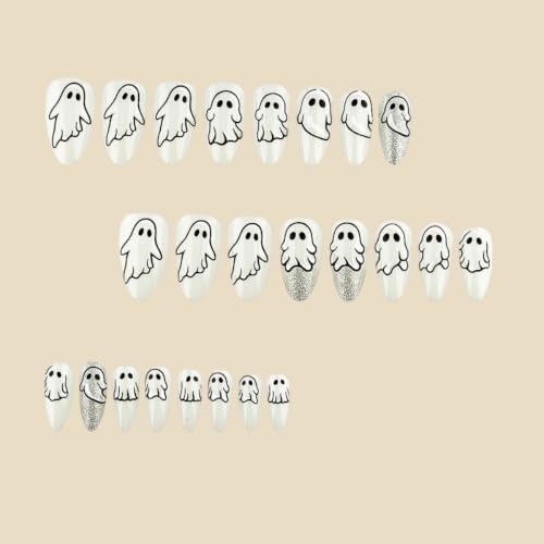 Halloween Ghost Fake Nails Set - Silver Glitter Almond Press On Nails with Cartoon Ghost Design - Variation 13