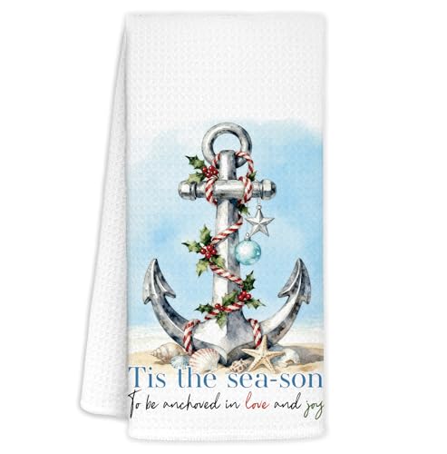 Nautical Anchor Coastal Christmas Kitchen Towels - 16x24 Inch Hand Towels for Bathroom & Kitchen Decor