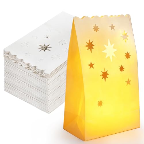 60 Pack White Fire-Resistant Luminary Bags with Star Pattern for Holidays & Events