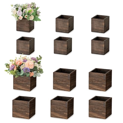 Small Wooden Box Set - Brown Square 4 Inch & 5 Inch - 12 Pcs for Decor & Storage