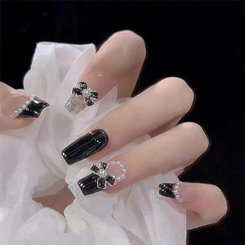Colorful Medium Length Press-On Nails with Black Bow Pearl Design - Reusable Fake Nails, Coffin Shape, 24 Pack