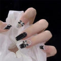 Colorful Medium Length Press-On Nails with Black Bow Pearl Design - Reusable Fake Nails, Coffin Shape, 24 Pack