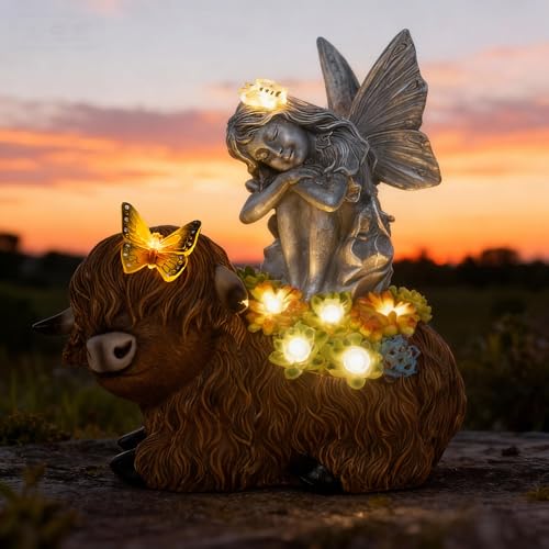 Solar Angel Sitting on Highland Cow Garden Statue with LED Lights - Outdoor Decor Gift