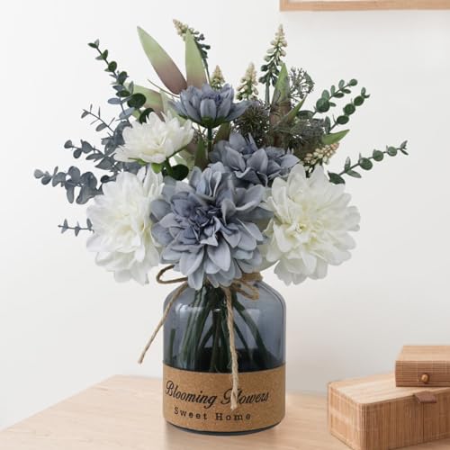 Fake Flowers in Vase - Blue Dahlias with Black Vase - Home Decor