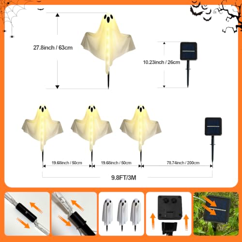 3-Pack Solar Ghost Lights Outdoor - 27.8 Inch Halloween Yard Decor, Light Up Ghost with 8 Modes & Adjustable Arms - Warm White Variation