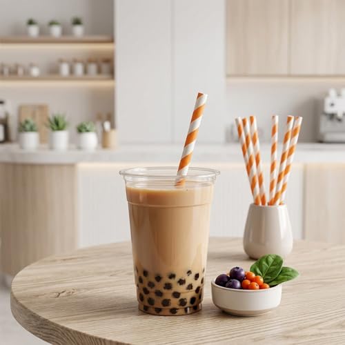100 Pack Paper Straws - Orange & White Striped Disposable Drinking Straws for Parties