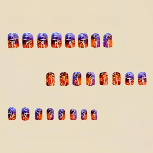 Halloween Short Square Press On Nails - Purple Orange Gradient Glitter - Variation 22