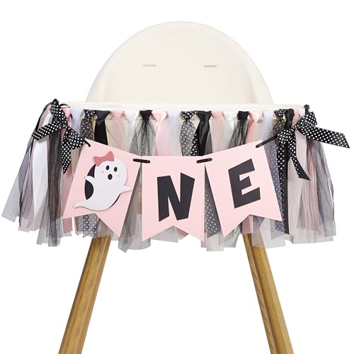 Pink and Black Halloween First Year Birthday Highchair Banner with Ghost Theme and Bows